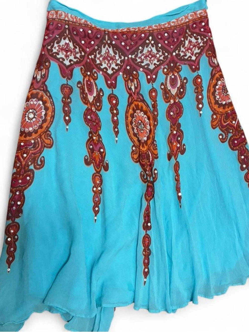 Boho Turquoise Paisley Sequin Midi Skirt Festival Beachy Flowy Y2K